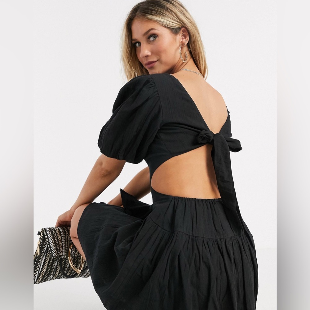 Black Open-Back Puff Sleeve Midi Dress